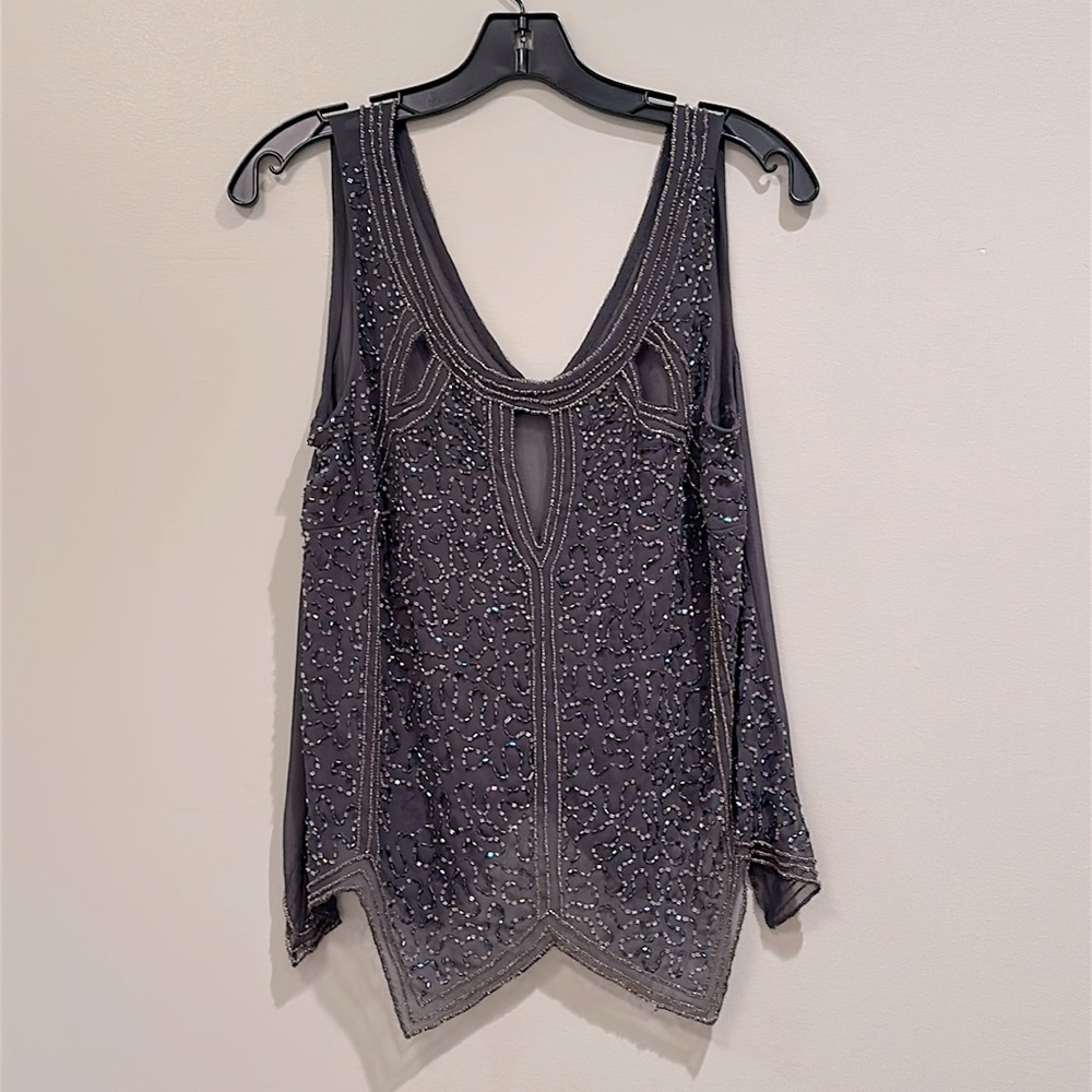 FORA beaded cutout sheer sleeveless tank shirt top gray handkerchief cut